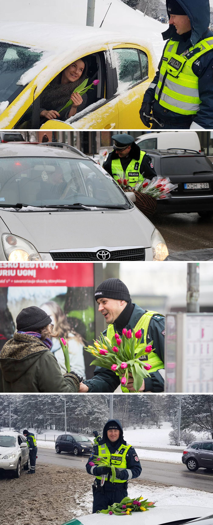 Lithuanian Police Tradition To Pull Over Every Female Driver On International Women’s Day And Give Them Flowers