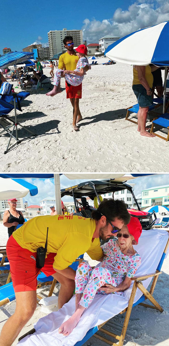 Every Day For One Week, Lifeguards Would Meet Ms. Dottie And Her Family To Help Assist Her Down To Her Beach Chairs. At The Days End, They Escort Her Back To The Condo