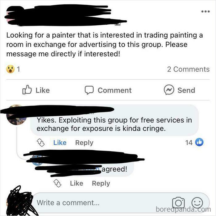 Social media post showing annoying parents exploiting group for free services in exchange for advertising exposure.