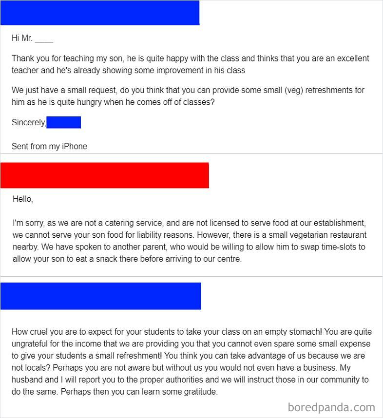 Email exchange showing incredibly annoying parents demanding snacks from a teacher and responding with entitlement and threats.