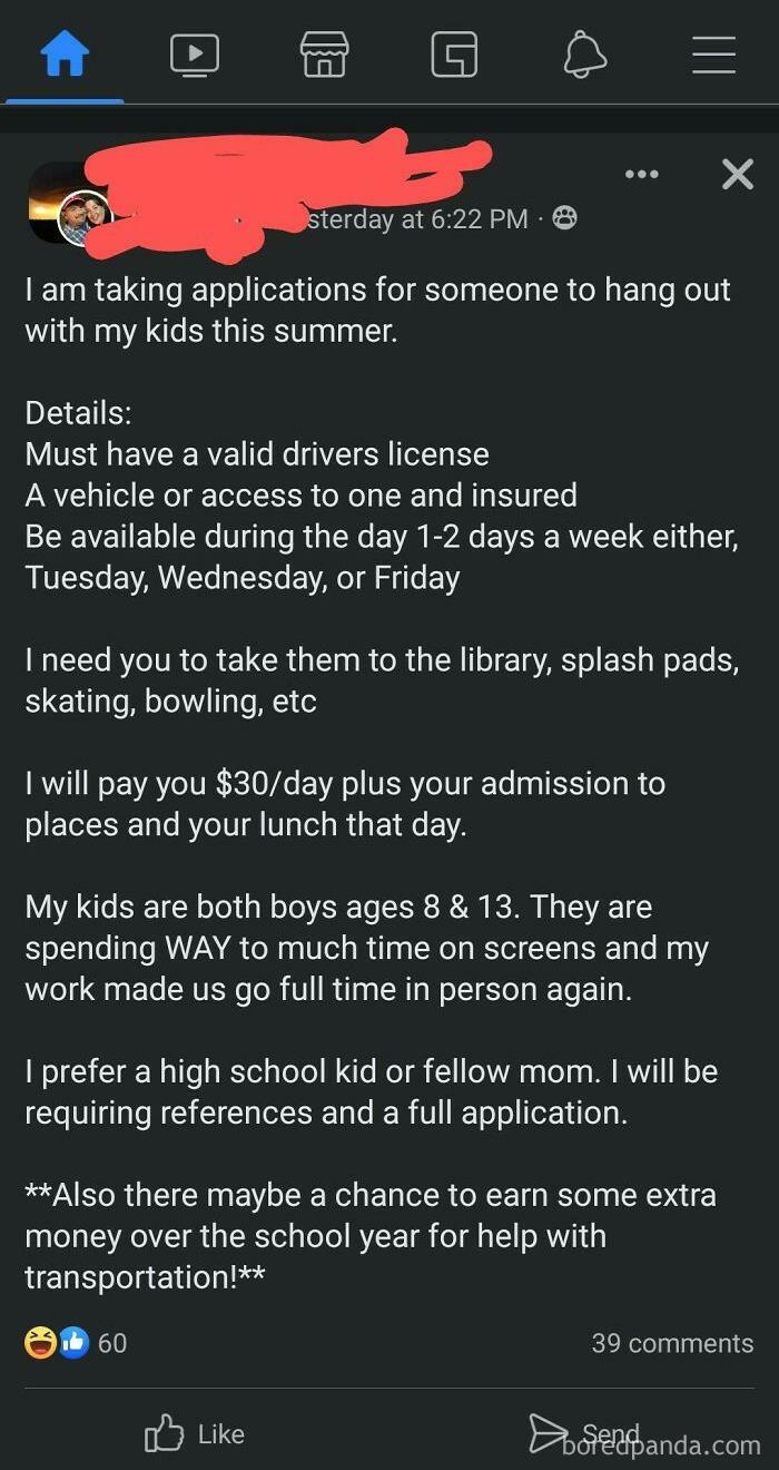 Post showing annoying parents seeking paid help to hang out with their kids during summer, revealing true ugly colors.