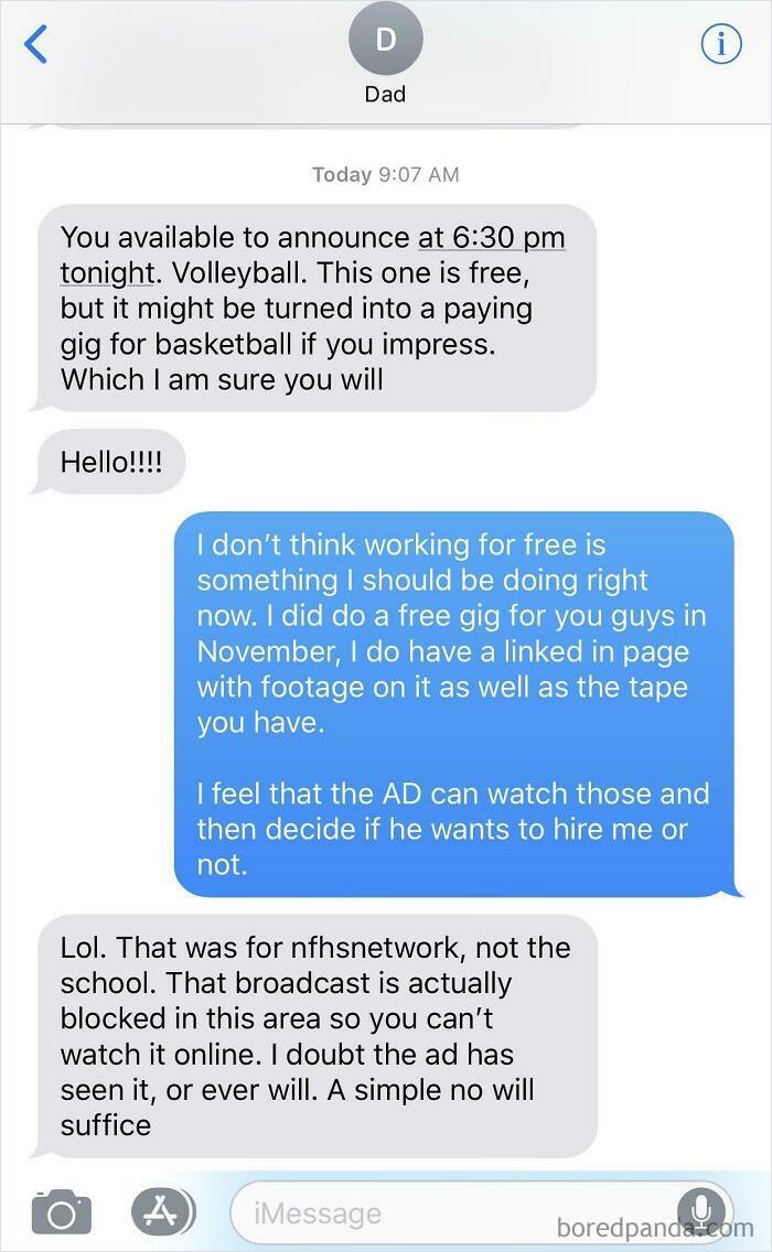 My Dad Asked Me To Announce A High School Volleyball Game For Free. I Worked As A Collegiate Basketball Analyst For My Naia School