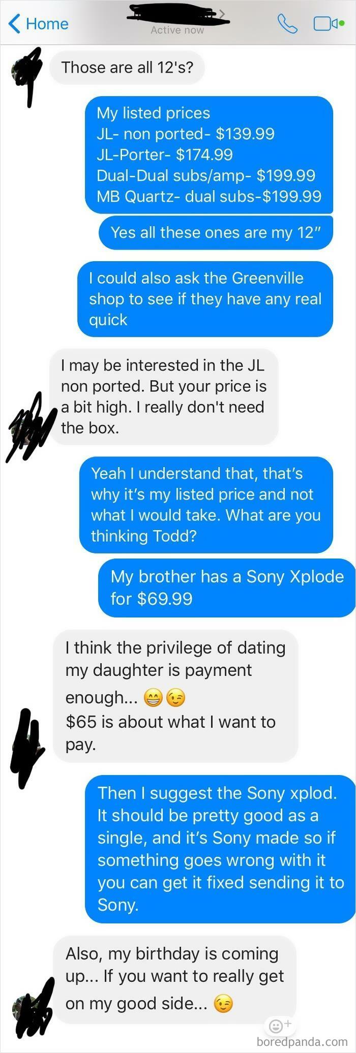 Text message exchange showing annoying parents negotiating car audio prices while implying control over their child's dating choices.