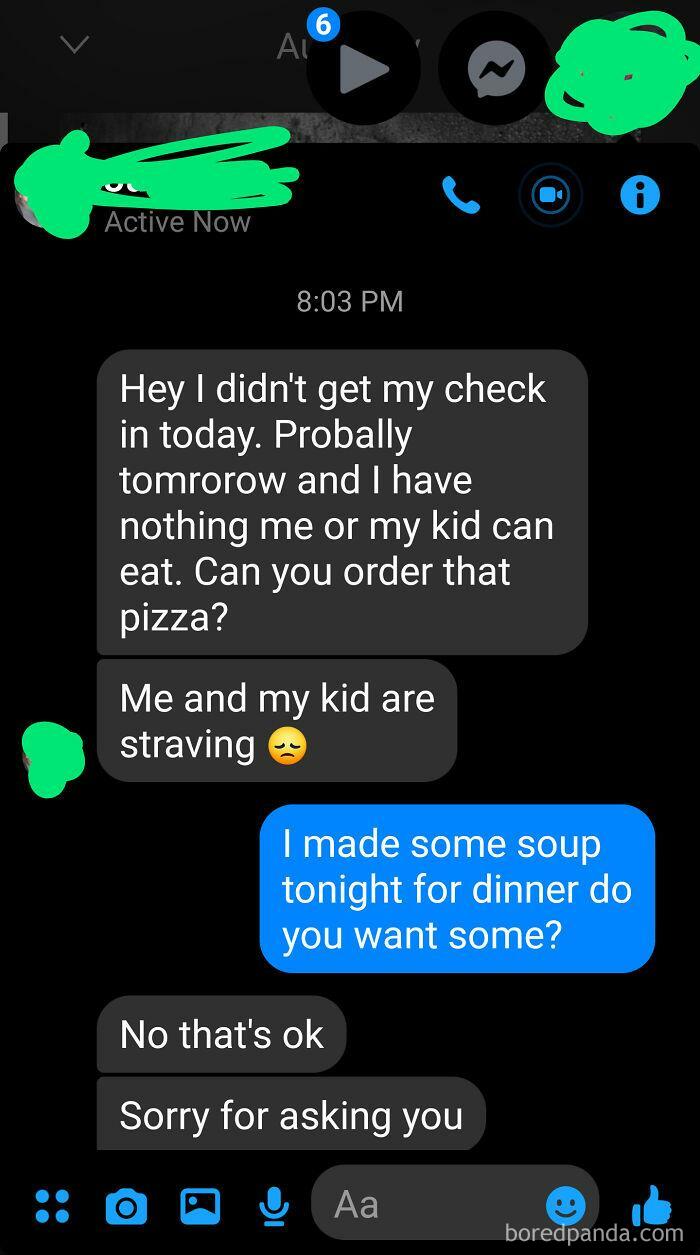 Text message exchange showing an annoying parent asking for pizza while starving, revealing true ugly colors of parents behavior.