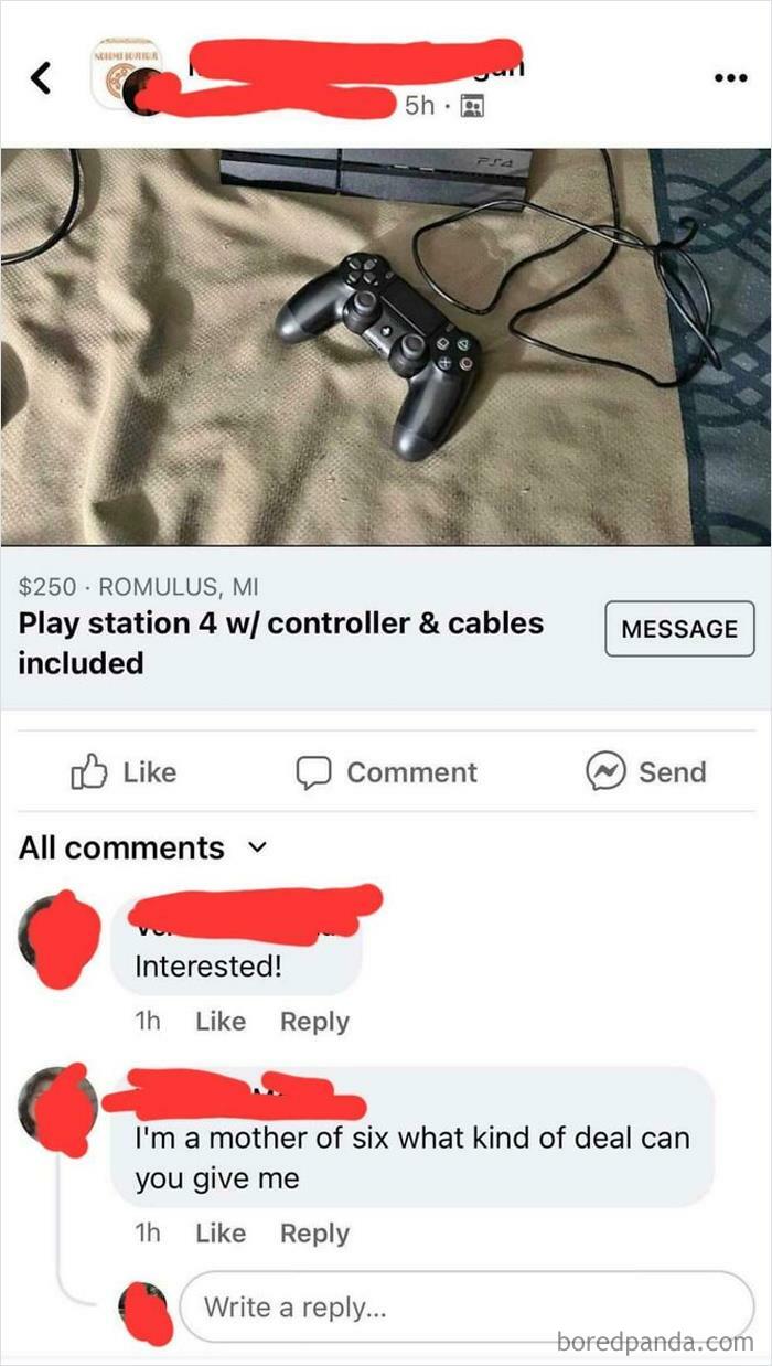 Facebook marketplace post showing a PlayStation 4 for sale, highlighting annoying parents behavior in comments.