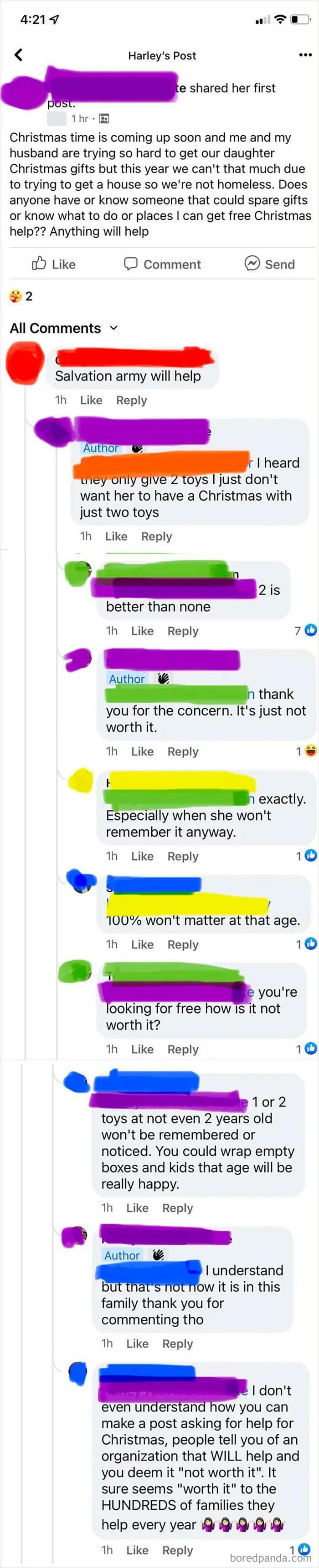 Facebook post of a parent rejecting free Christmas gifts, sparking debate about parenting and gift expectations online.