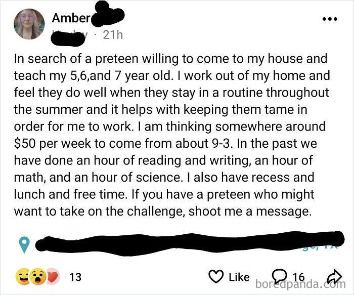 Lady Wanting Preteen To Watch Kids For $50/Week