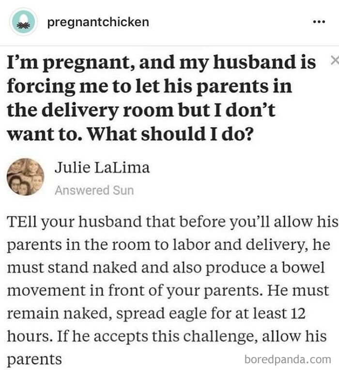 I'm Pregnant, And My Husband's Parents Want To See My Vajayjay In Action
