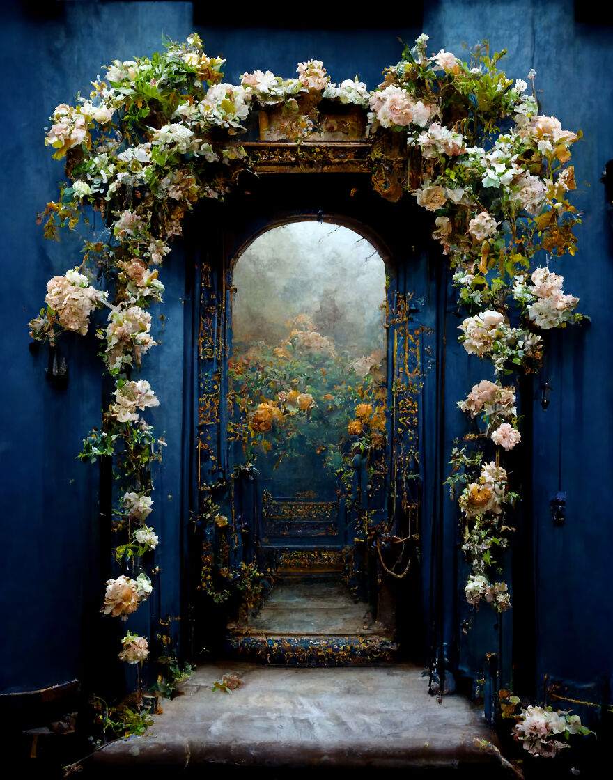 Ornate doorway adorned with white and peach flowers, surrounded by dream world elements and artistic floral decor.