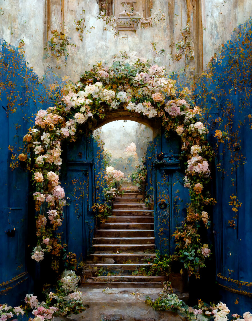 Beautiful floral archway with blooming roses leading to a mystical staircase in an AI dream world exploration image.