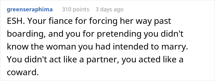 Person Asks If They're A Jerk For Saying "No" When The Police Asked If Woman Was Their Fianc&eacute;e Before Escorting Her Off The Plane