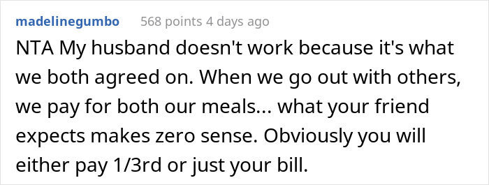 "He Was Absolutely Appalled": Guy Refuses To Pay For His Friend's Wife's Meals Anymore, Drama Ensues