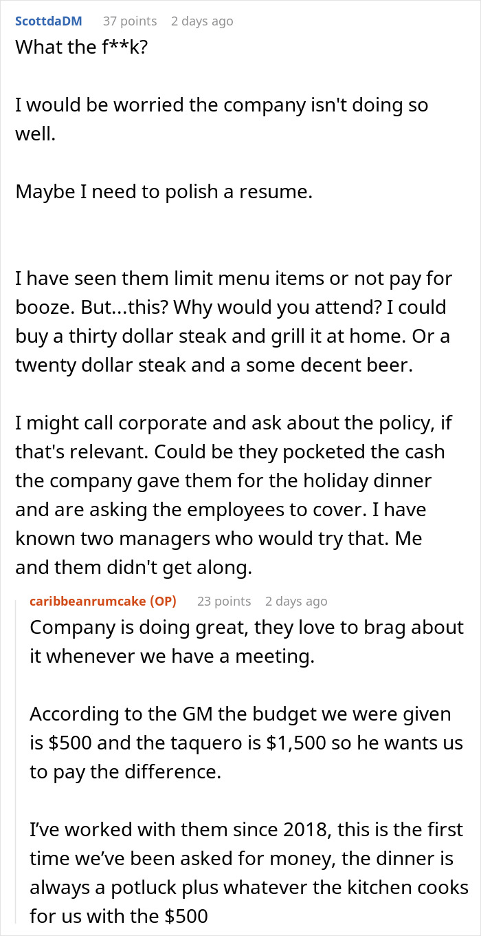 "I'd Be Busy That Night": Company Higher-Ups Expect Staff To Shell Out $30 Each For The Corporate Christmas Party