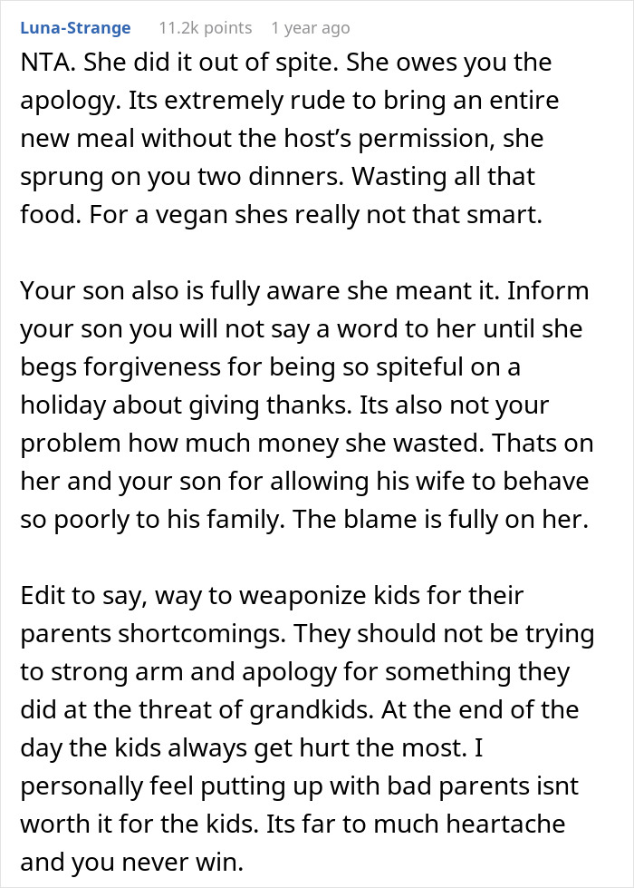 Mom &ldquo;Publicly Embarrasses&rdquo; Rude Vegan Daughter-In-Law At Thanksgiving