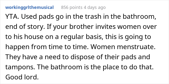 "Am I A Jerk For Telling My Wife That Leaving Her Used Pad In My Brother's Place Was Inappropriate?"