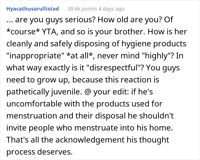 "Am I A Jerk For Telling My Wife That Leaving Her Used Pad In My Brother's Place Was Inappropriate?"