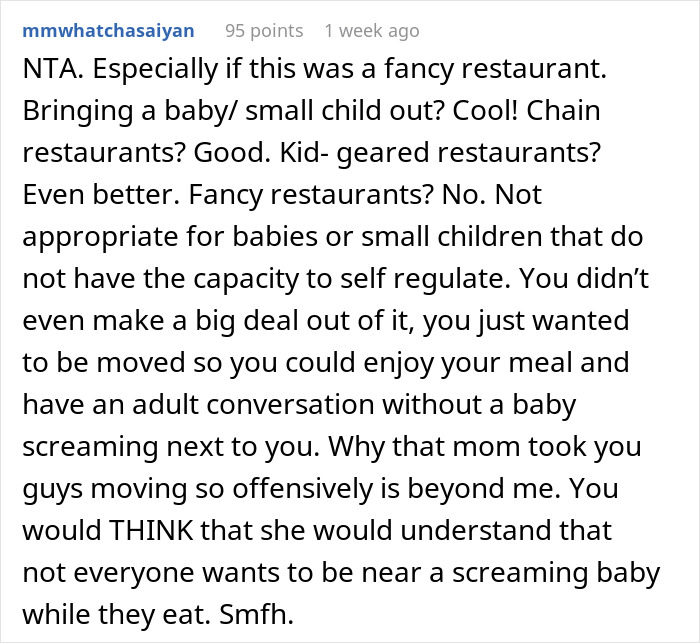 Mom Causes A Scene At A Restaurant After Overhearing That This Couple Wants To Switch Tables Due To Her Crying Baby Mom Causes A Scene At A Restaurant After Overhearing That This Couple Wants To Switch Tables Due To Her Crying Baby
