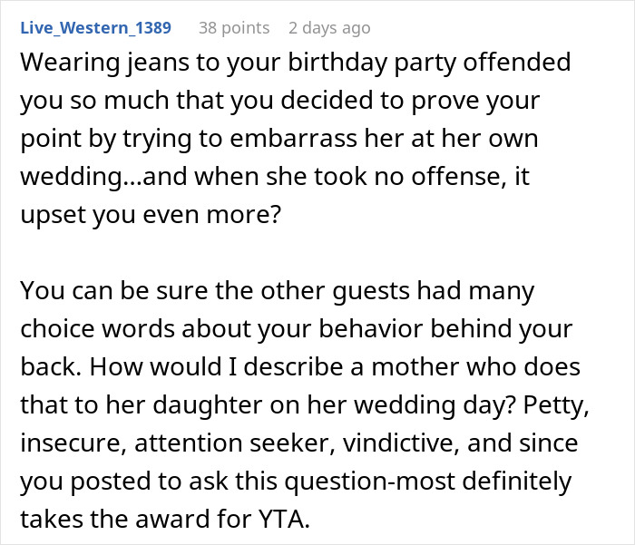 Mom Wonders If She's A Jerk For Wearing Jeans To Daughter's Wedding To Prove A Point, Gets A Reality Check Online Mom Wonders If She's A Jerk For Wearing Jeans To Daughter's Wedding To Prove A Point, Gets A Reality Check Online