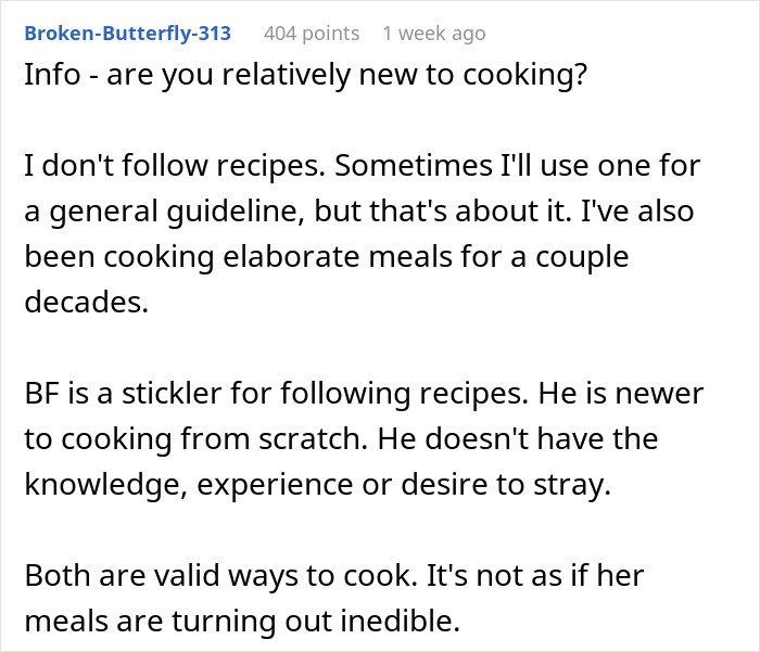 Guy Is Fed Up With Girlfriend's Cooking Because She Puts Her Own Twist On Recipes, Asks For Support Online But Receives A Reality Check Guy Is Fed Up With Girlfriend's Cooking Because She Puts Her Own Twist On Recipes, Asks For Support Online But Receives A Reality Check