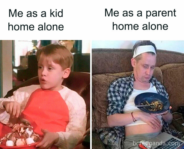 Kid enjoying ice cream, adult slumped with snacks; illustrating humor in fatherhood.