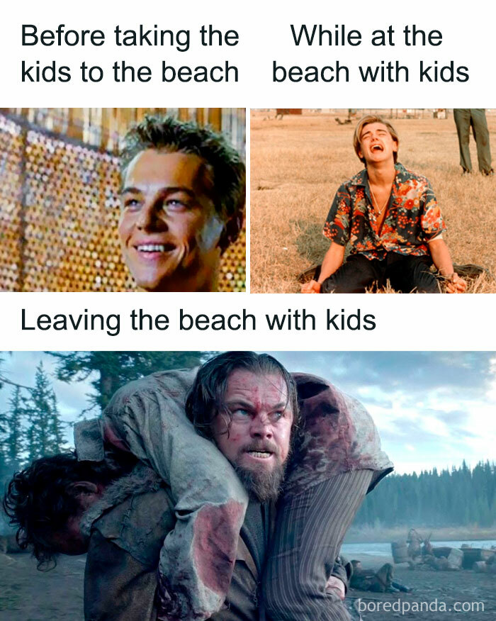 Dad's beach day with kids: happy before, exhausted after, humorous meme.