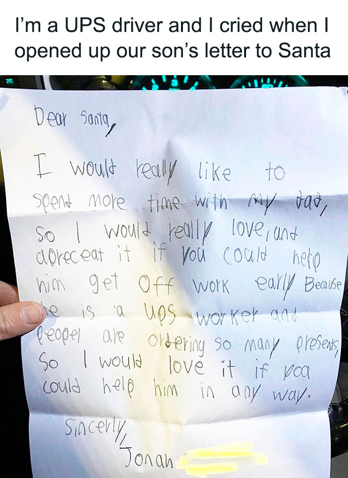Child's heartfelt letter to Santa asking for more time with dad, a UPS worker, showcasing the essence of fatherhood.