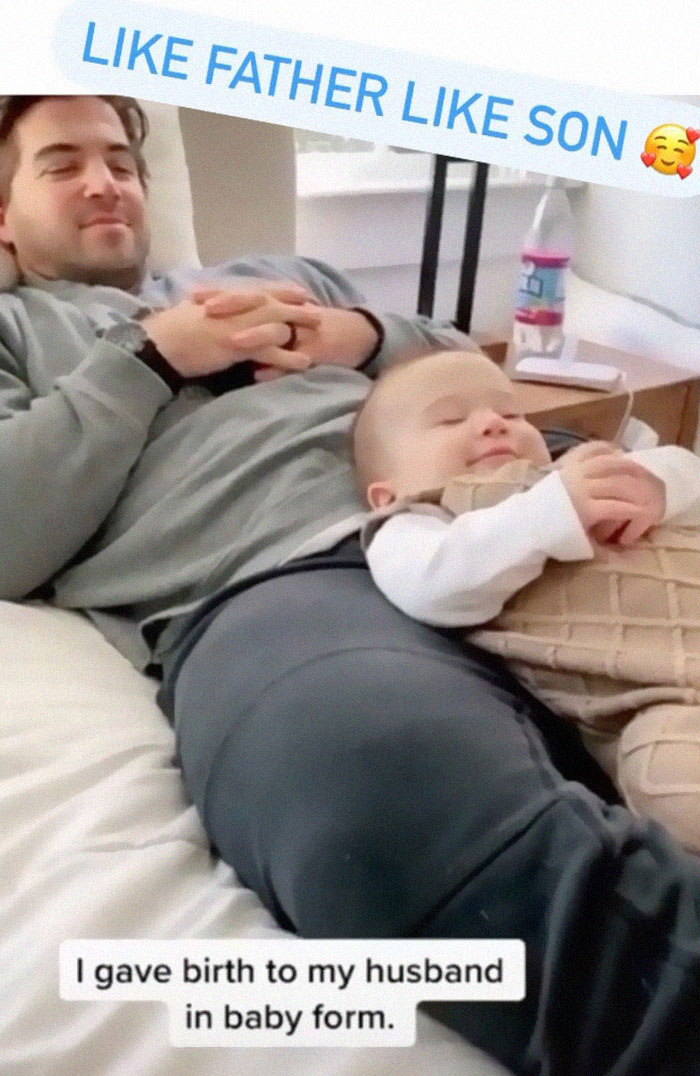 Dad and baby lying together, showing identical postures, highlighting the essence of fatherhood humor.