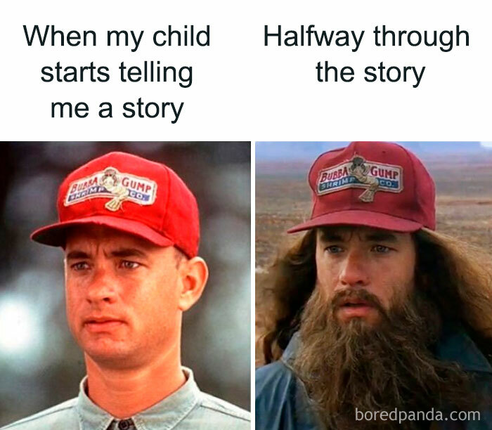 Two images showing a dad listening to a child's story, going from clean-shaven to bearded, capturing fatherhood humor.