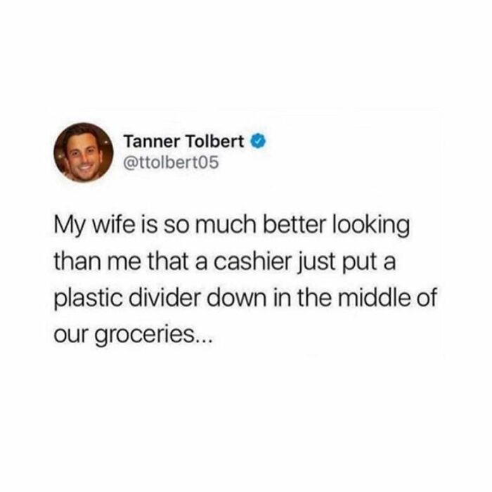 Tweet about fatherhood humor with a joke on a cashier using a plastic divider due to wife's looks.