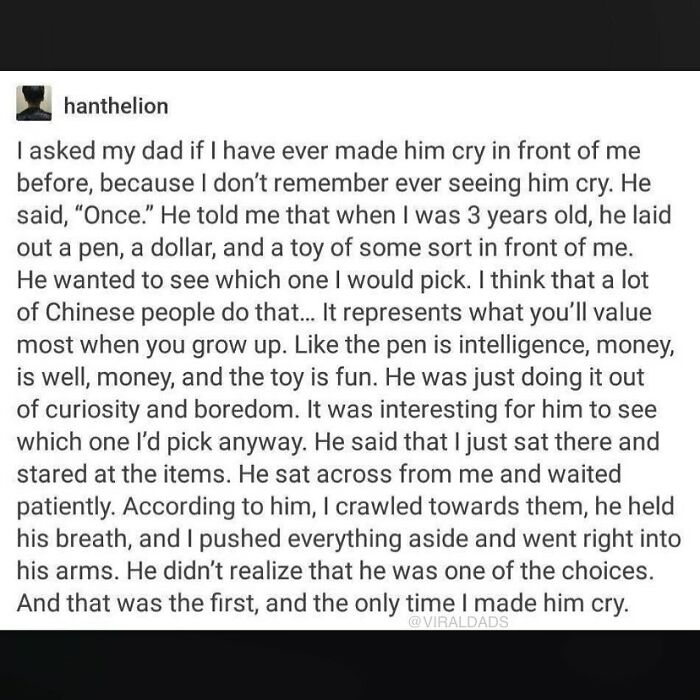 Text post about fatherhood featuring a touching story of a dad getting emotional while playing a choice game with his child.