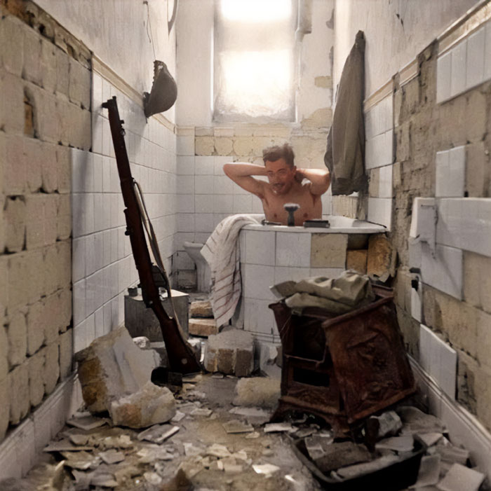 British Soldier Takes A Bath In The Port City Of Tobruk, Libya, 17 February 1942