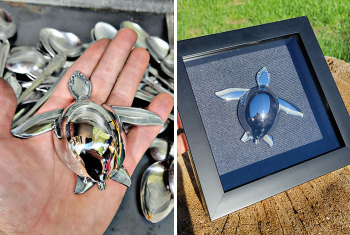 This Was My First Creation From Recycled Cutlery. I Made My Wife A Turtle And I'm Kinda Proud Of It