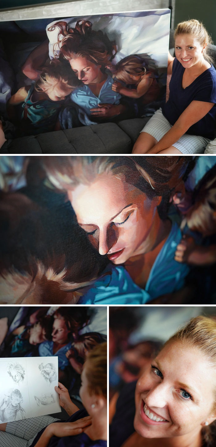 4 Months Ago I Secretly Commissioned My Wife's Favorite Artist To Paint A Portrait Of Her And Our Girls As A Surprise For Our 15th Anniversary