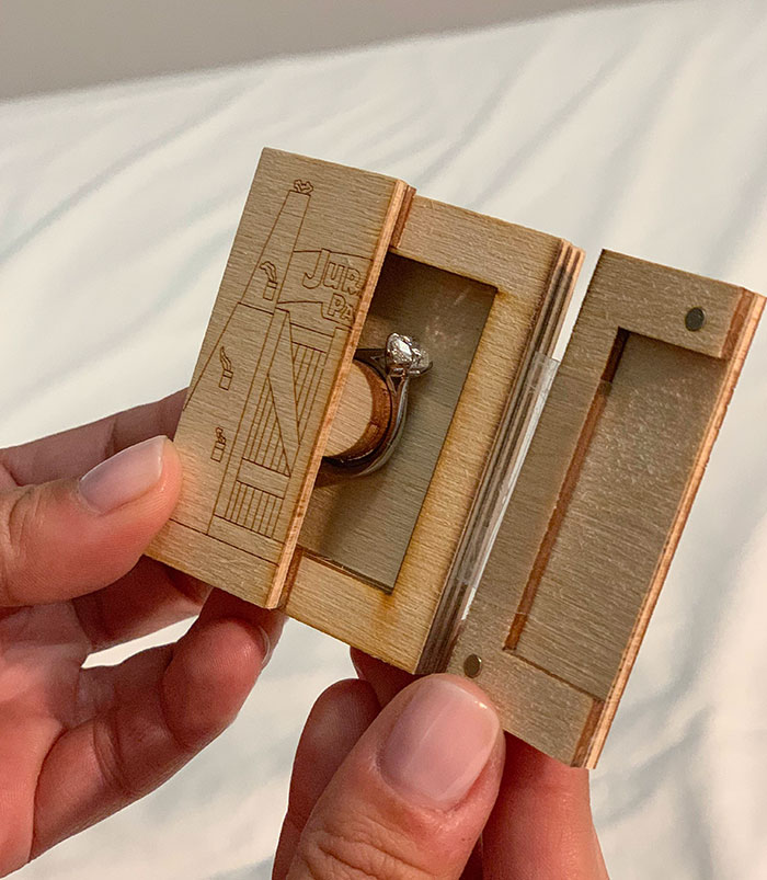 The Engagement Ring Box I Made. Our First Date Was Watching Jurassic Park In An Empty Auditorium. Laser Cut With Magnets To Hold It Closed