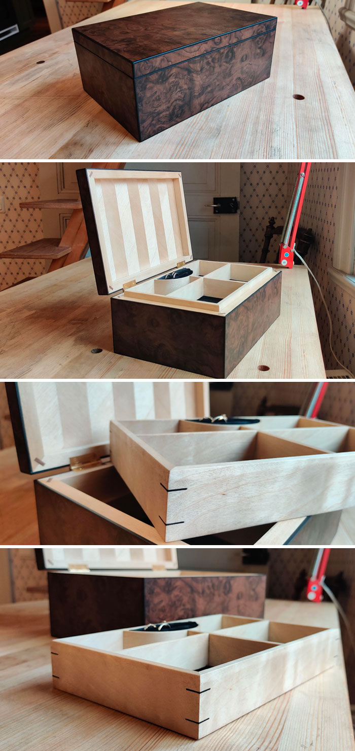 Jewelry Box For My Girlfriend, Made Completely With Non Electrical Tools. Birch, Walnut Burl And Ebony Details