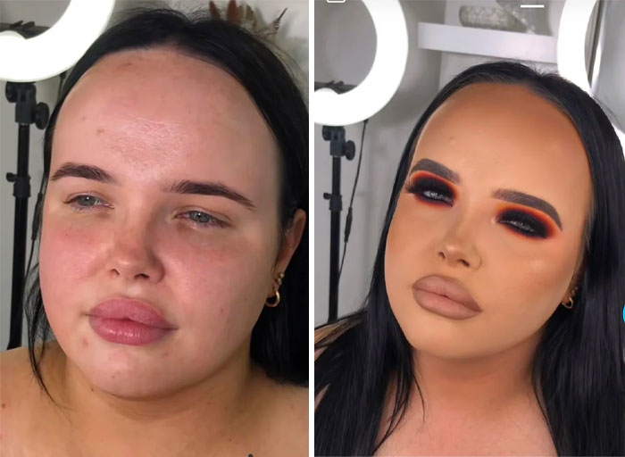 Before and after makeup transformation showing the reality of Instagram photos and fake online appearances.