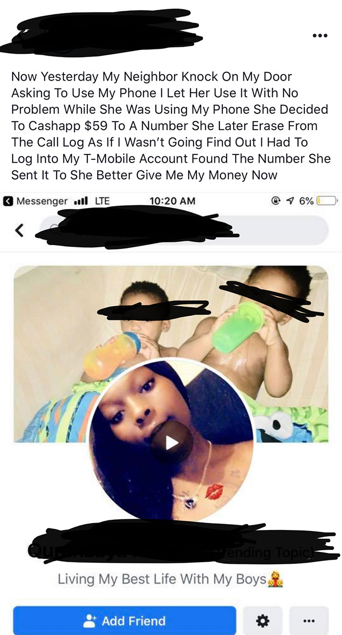 Guy Lets His Neighbor Use His Phone To Make A Call. She Decides To Send Herself $59 Using His Cash App