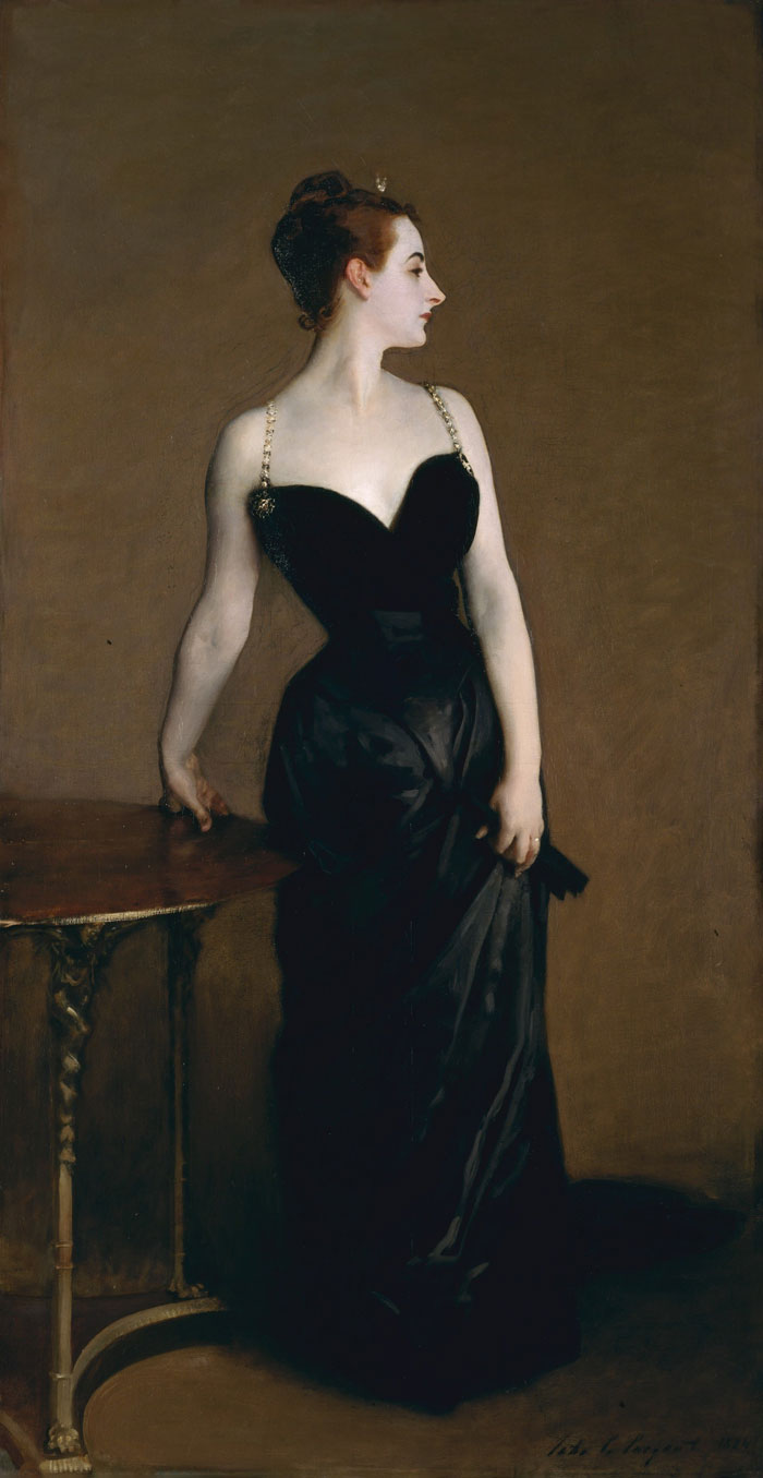 Historical portrait painting of a woman in a black dress, standing beside a table.