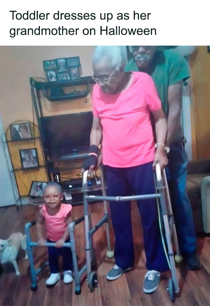 Wholesome memes - toddler dressed as grandmother for Halloween with matching walkers.