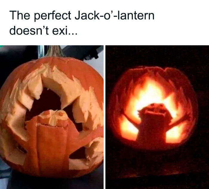 Wholesome meme: Jack-o'-lantern carved with funny expression, glowing from inside.