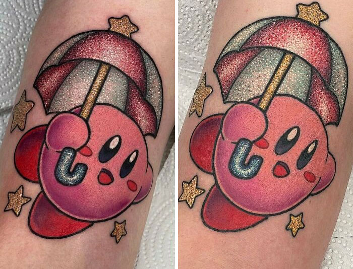 Glitter tattoo featuring a pink character holding a sparkling umbrella with star details.