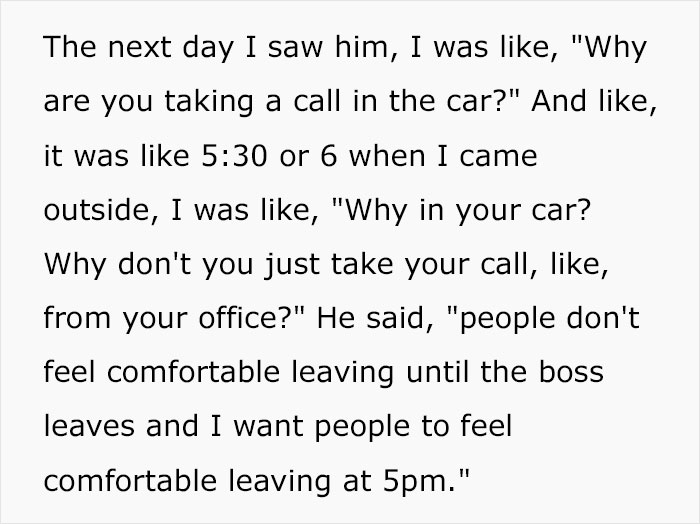 CEO Leaves Work At 5 PM And Never A Minute Later, Employee Learns Why He's Doing It And Shares How It's The Opposite Of A Toxic Work Culture CEO Leaves Work At 5 PM And Never A Minute Later, Employee Learns Why He's Doing It And Shares How It's The Opposite Of A Toxic Work Culture