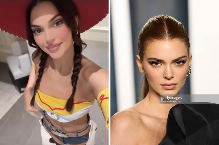 Side-by-side images showing Instagram reality with one photo clearly edited and the other a natural portrait close-up.