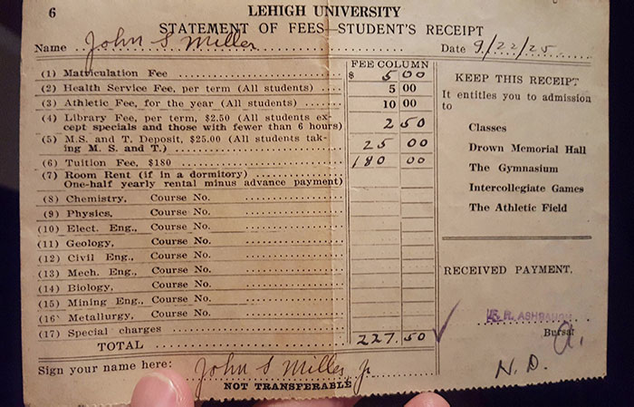 Found My Grandfather's Tuition Receipt For His First Semester In College In 1925