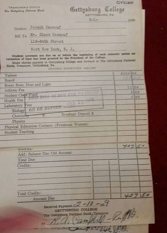 Going Through My Grandfather's Belongings, We Found A Receipt For A Semester Of College