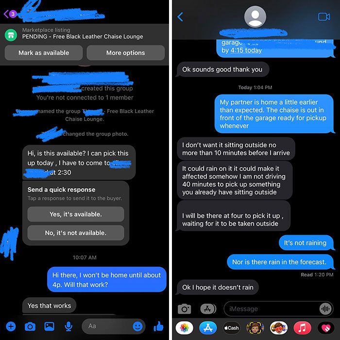 Giving Away A Free Chaise. Thought I Was Being Nice By Not Making Her Wait Until 4p, Since She Is Going To Be In My Area At 2:30