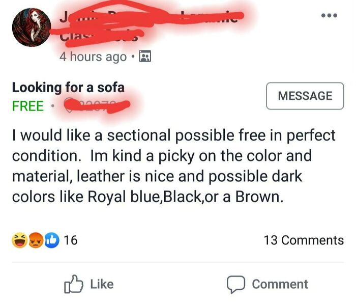 Thought I'd Check Out Facebook This Morning And Saw Someone Wanting A Free Couch. Yes, In The Comments They Did Want It Delivered For Free Too