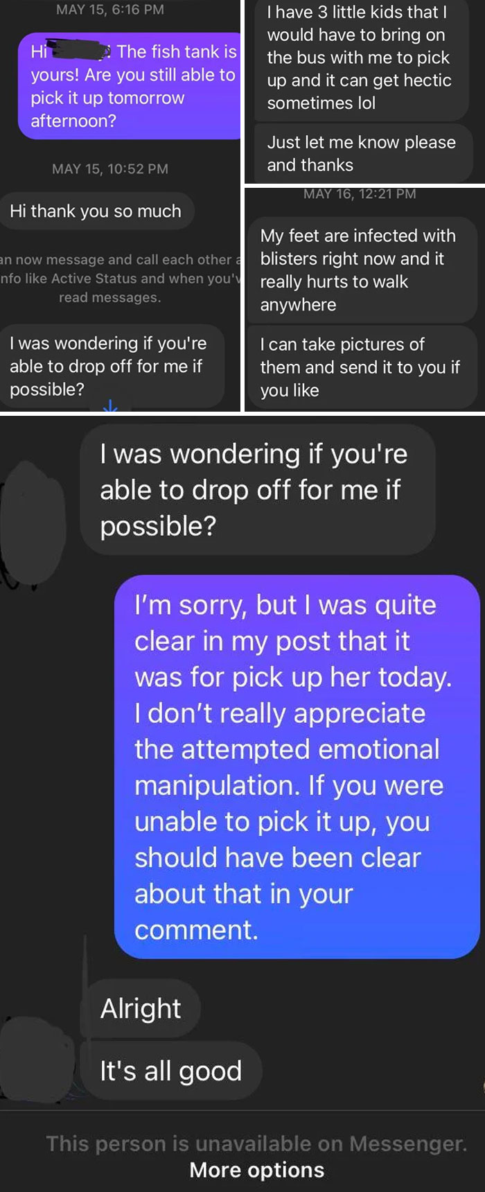 I Was Giving Away A Fish Tank With Everything Needed. I Was Very Clear That It Was For Pick Up, Not Delivery. No, I Don’t Want A Picture Of Your Feet