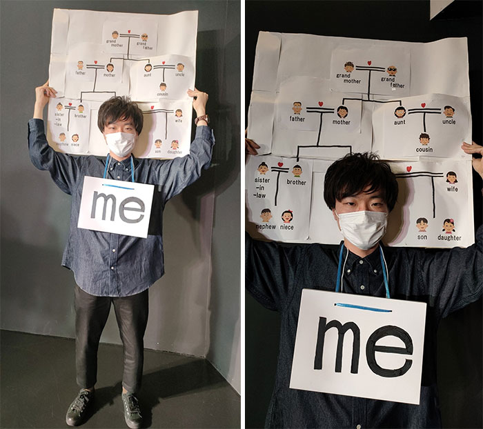 Person in mundane Halloween costume poses with a family tree chart and a "me" sign.