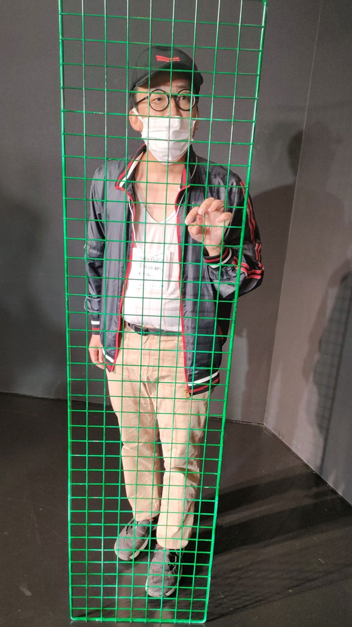 Person dressed as a mundane fence, part of hilariously boring Halloween costume event.